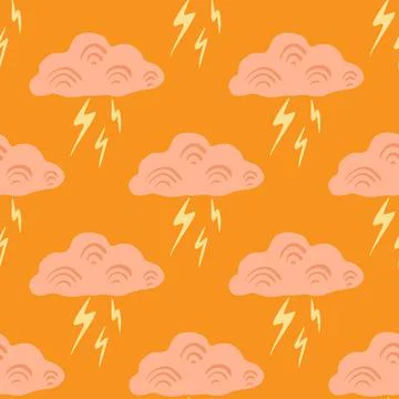 Clouds with lightning of seamless pattern. Cute hand drawn background. Stockillustratie