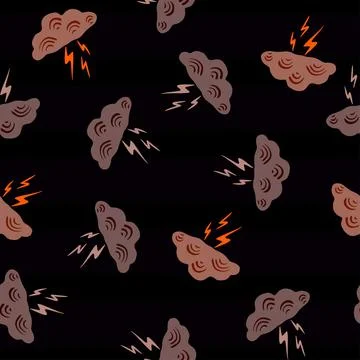 Clouds with lightning of seamless pattern. Cute hand drawn background. イラスト素材