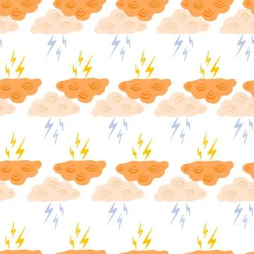 Clouds with lightning of seamless pattern. Cute hand drawn background. 스톡 일러스트