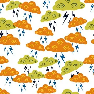 Clouds with lightning of seamless pattern. Cute hand drawn background. Stockillustratie