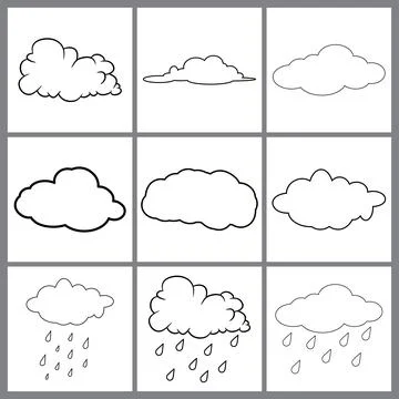 Clouds line art set. Cloud icon, cloud shape. Set of different clouds. Collec Stock Illustration