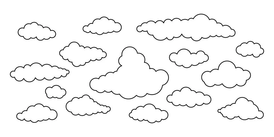 Clouds line art vector icon set isolated on white background. Illustrazione stock
