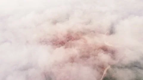Clouds Mist Autumn Fly Above Forest Morning Fog Dirt Road Drone Nature Bulgaria Stock Footage 237355288