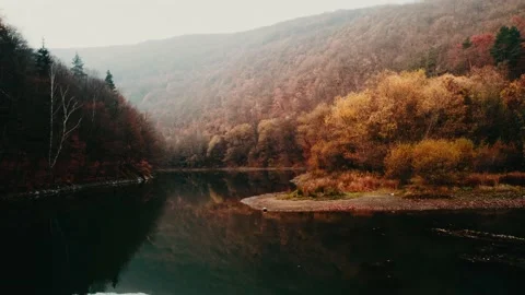 Clouds Mist Autumn Lake Fly Back Under Bridge Rural Drone Nature Bulgaria Stock Footage 237355138