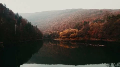 Clouds Mist Autumn Lake Fly Back Under Bridge v2 Drone Nature Bulgaria Stock Footage 237355459