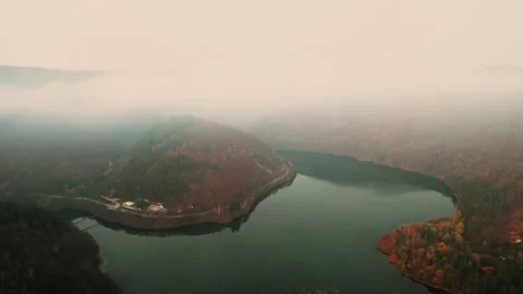 Clouds Mist Autumn Vibrant Colors Fly Through Fog Reveal Drone Nature Bulgaria Stock Footage 237355247