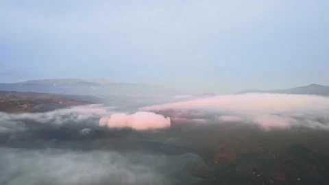 Clouds Mist Autumn Vibrant Early Sunrise Mist Hills Drone Nature Bulgaria Video stock 237355322