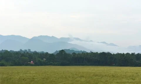 Clouds on the mountain with a green foreground Stock Photos