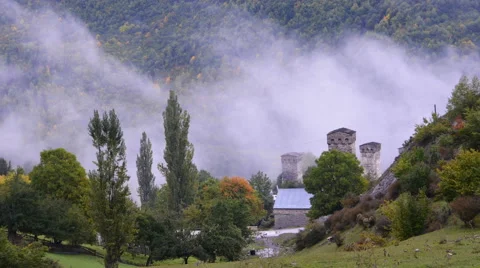 Clouds in a mountain valley. Upper Svaneti, Georgia Stock Footage 59893443