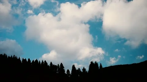 Clouds move above fir tree silhouettes in mountains Stock Footage 67878290
