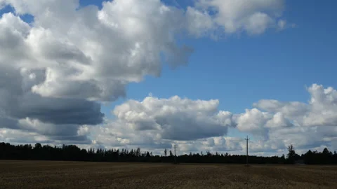 Clouds moving across a field against a light blue sky. Timelapse Stock Footage 310818093