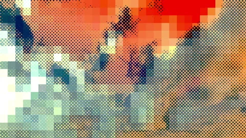 Clouds moving as a dot grid and in a tiled mosaic in orange and purple. Stock Footage 150704825