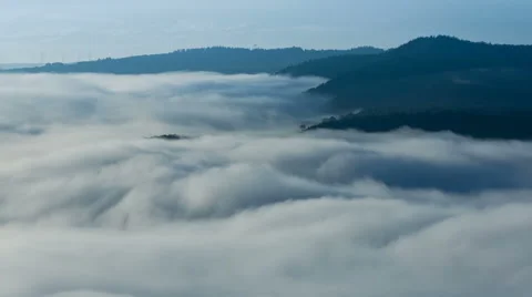 Clouds moving in german valley of river Mosel at sunrise Stock Footage 41345699