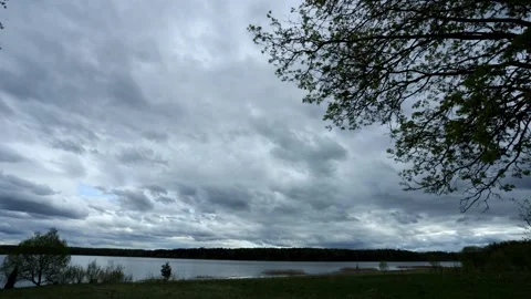 Clouds moving over a lake with trees and grass under a partly cloudy sky Stock Footage 311772074