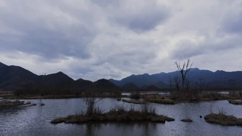 Clouds Moving Over Lake in Wetland Park Timelapse Stock Footage 326698488
