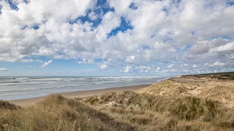 Clouds moving over ocean beach grassy coastline in New Zealand wild nature Stock Footage 116896411