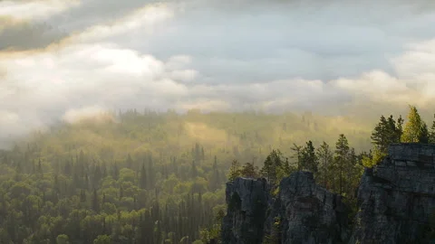 Clouds moving over pine tree highland forest and rocks. Foggy morning landscape Stock Footage 87290178