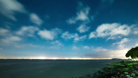 Clouds moving over water as planes land in the distance Video stock 154918533