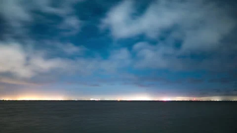 Clouds moving over water as planes take off in the distance Video stock 154919207