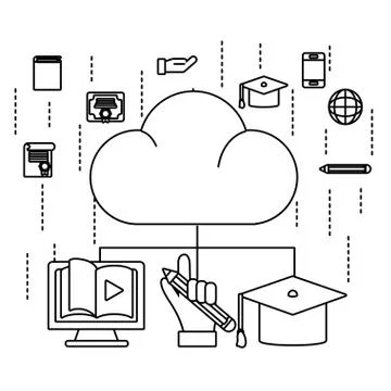 Clouds with online education items 스톡 일러스트
