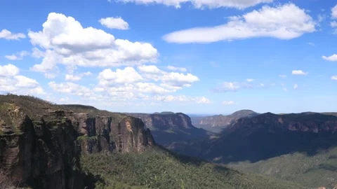 Clouds over the Blue Mountains in Australia – Govetts leap lookout 4k view. Stock Footage 145730125