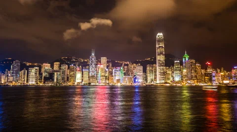Clouds over Bright Night Skies Hong Kong Cityscape Stock Footage 63366888