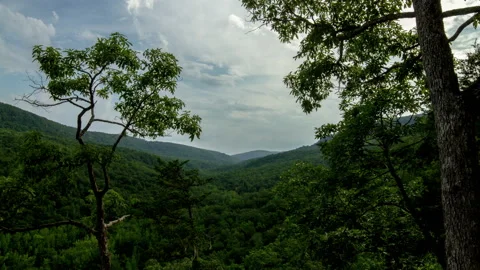 Clouds over forested Ozark mountains framed by trees timelapse 스톡 동영상 154937230