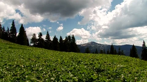 Clouds over the green grass and the mountains Stock Footage 69009053
