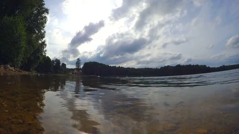 Clouds over a lake camera at water level Video stock 78734746