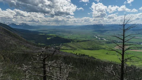 Clouds over lush green valley and burned mountainside Stock Footage 167114884