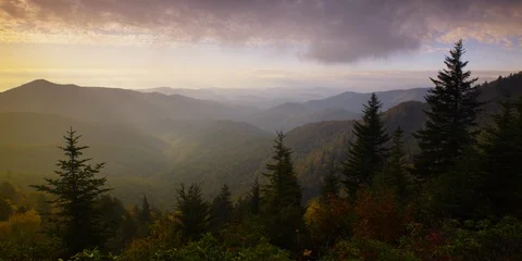 Clouds over the mountain ranges covered with forest at sunset Stock Footage 103400502