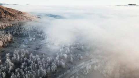 Clouds over the mountains and forest at foggy sunrise. Aerial view. Video stock 255635453