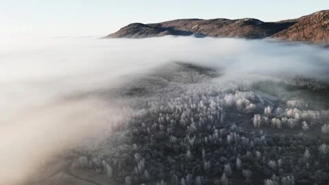 Clouds over the mountains and forest at foggy sunrise. Video stock 255637513