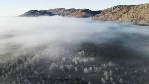 Clouds over the mountains and forest at foggy sunrise. Stock Footage 283959483