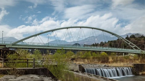 Clouds over mountains in Nikko, Japan. Waterfall under a bridge. ProRes 422 in Stock Footage 100580088