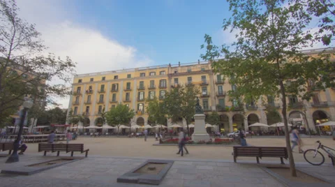 Clouds over the Plaça de la Independencia in Girona, Spain Stock Footage 34272380