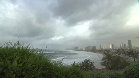 Clouds over Tel Aviv on a rare stormy winter day, seen from Old Jaffa Video stock 65032799