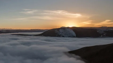 Clouds over volcano Mount Elbrus in the autumn at sunset Stock Footage 70152391