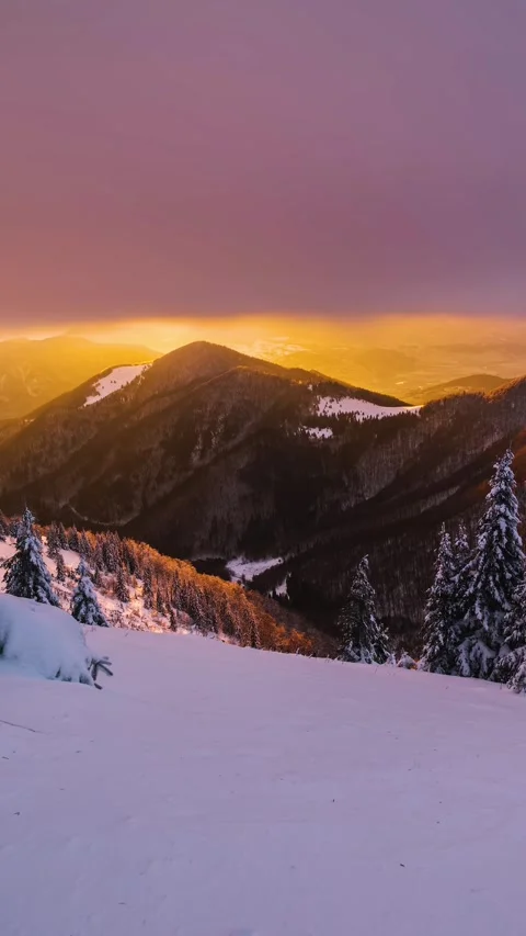 Clouds Over Winter Forest Mountains at Golden Sunrise, Vertical Time Lapse Stock Footage 313495434