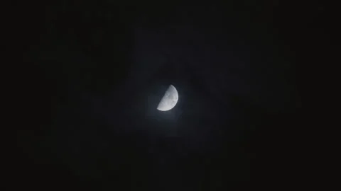 Clouds Passing in Front of Half Moon in Dark Black Night Stock Footage 307796343