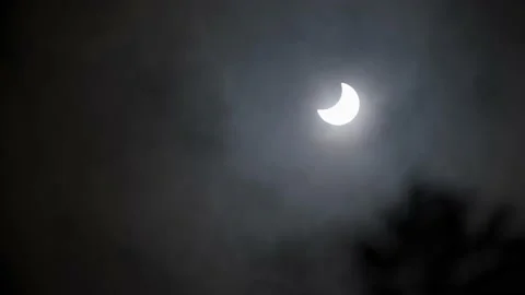 Clouds passing in front of a partial solar eclipse trees blowing in the Stock Footage 134381596