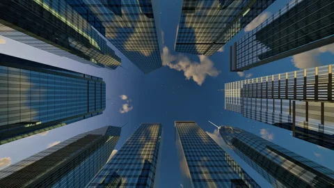 Clouds passing over skyscrapers business buildings in the morning Stock Footage 242569350