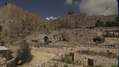 Clouds passing over the Southern Steps of the Second Temple in Jerusalem Stock Footage 86759344