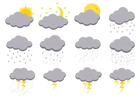 Clouds rain bad weather icon set isolated on white background. Stock Illustration