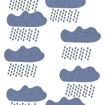 Clouds with rain on a white background. Seamless pattern. Scandinavian style. Stock Illustration