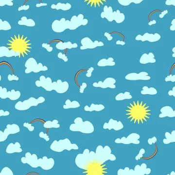 Clouds rainbow and sun on a blue background seamless pattern Illustrazione stock