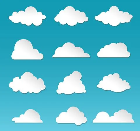 Clouds. Rainy sky. Cartoon fluffy white shapes on blue background. Paper イラスト素材