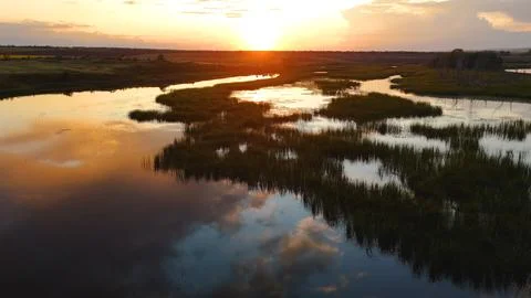 Clouds reflected in a reed-covered lake at a bright orange sunset Stock Photos