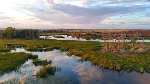 Clouds reflected in a reed-covered lake at a bright orange sunset Stock Photos