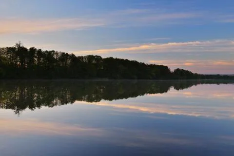 Clouds Reflected in River in Morning in Spring, Obernburg, River Main, Stock Photos